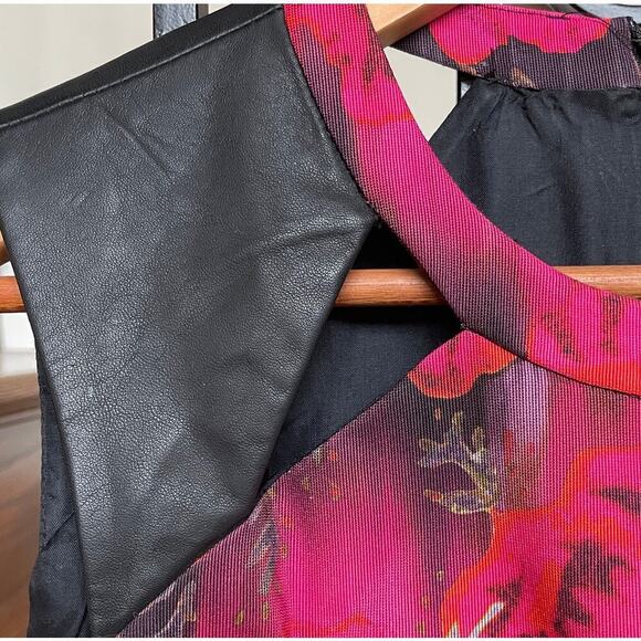 Nanette Lepore Dress Size 2 | Rose Print, Leather Trim, Fit & Flare, Made in USA - Picture 4 of 7